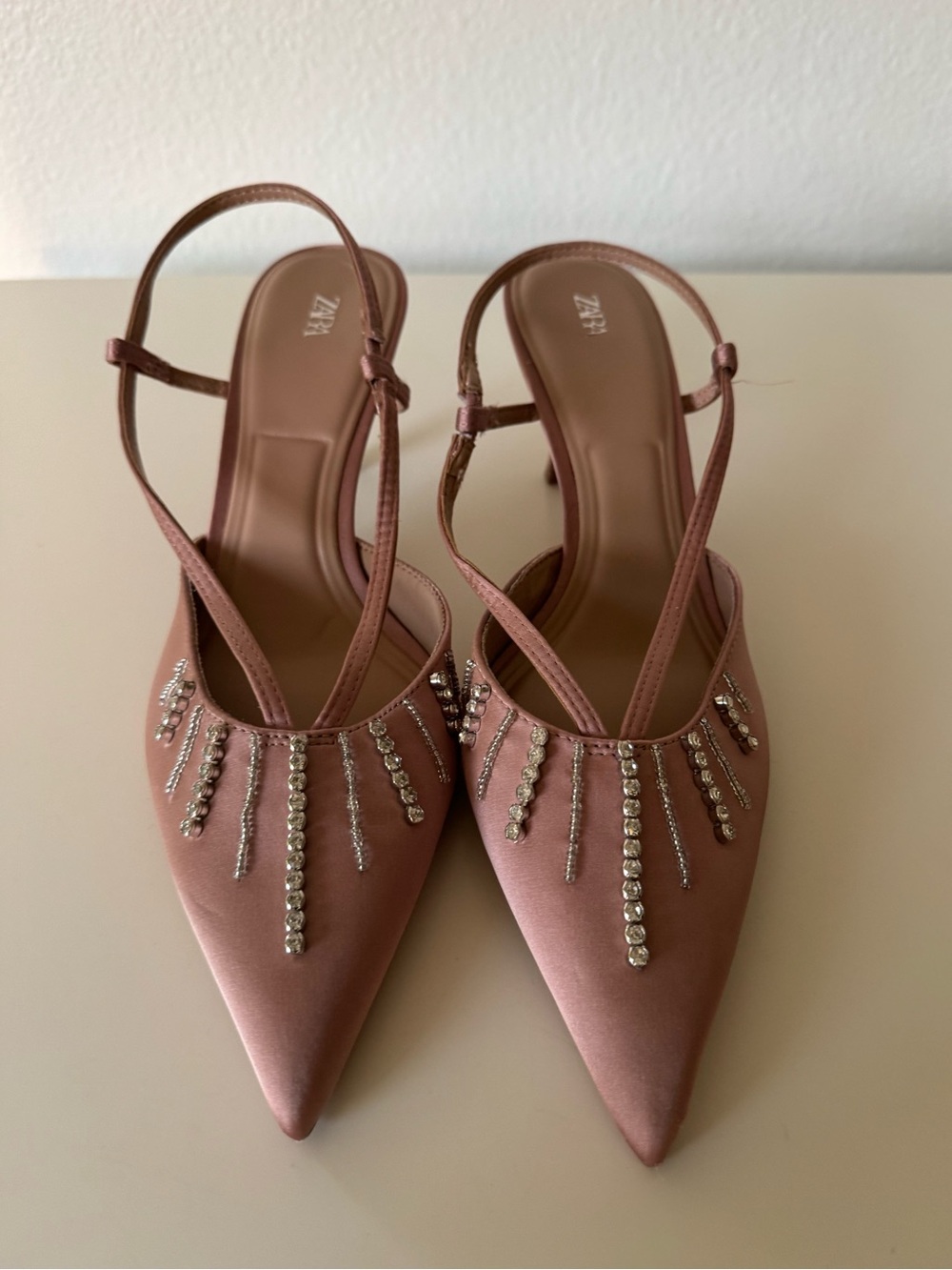 ZARA Rose Pink Satin Pointed Slingback Heels with Crystal Accents 40